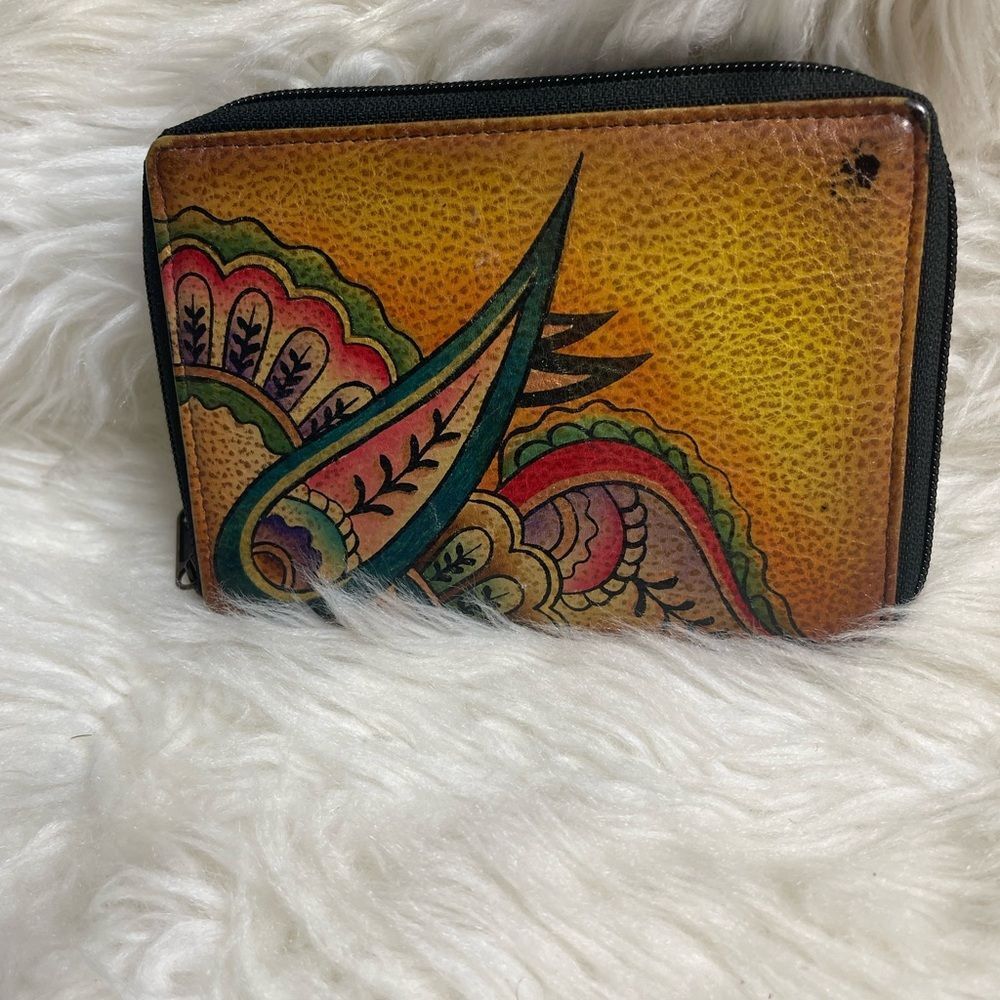 Anuschka Hand-Painted Yellow Leather Zip Wallet with Colorful Paisley Design